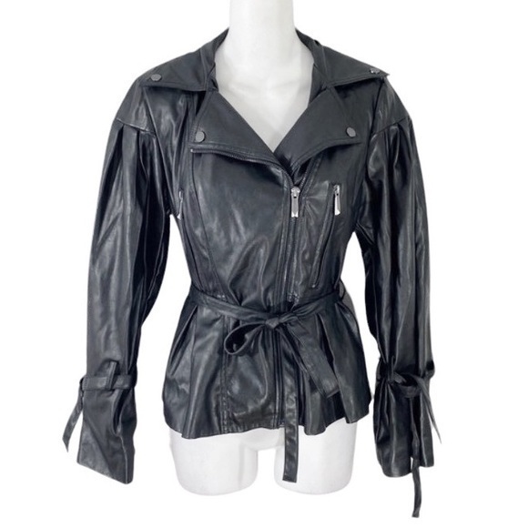 BCBGMaxazria Kinsley Black Vegan Leather Balloon Sleeve Belted Moto Jacket XS - Picture 2 of 16